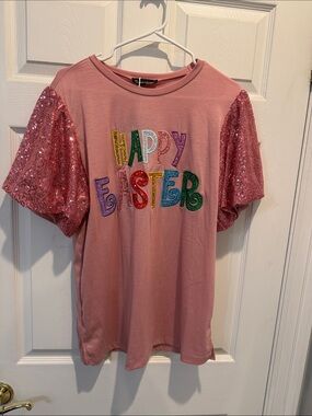 Happy Easter Pink Sequin Sleeve Tee